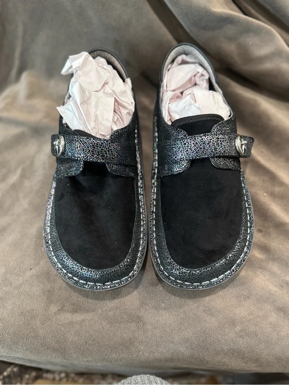 Alegria Black Suede Mary Jane Clogs with Sparkle Trim